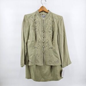 NWT Adrianna Papell 2 Piece Silk Skirt Suit Sage Embroidered Beaded Size 14P